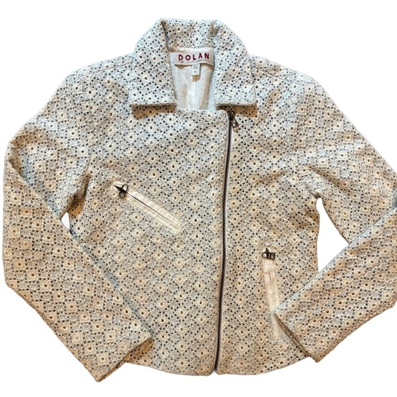 dolan Jackets & Blazers - DOLAN Left Coast Collection Crochet Lace Moto Jacket XS Ivory & Blue Boho Chic